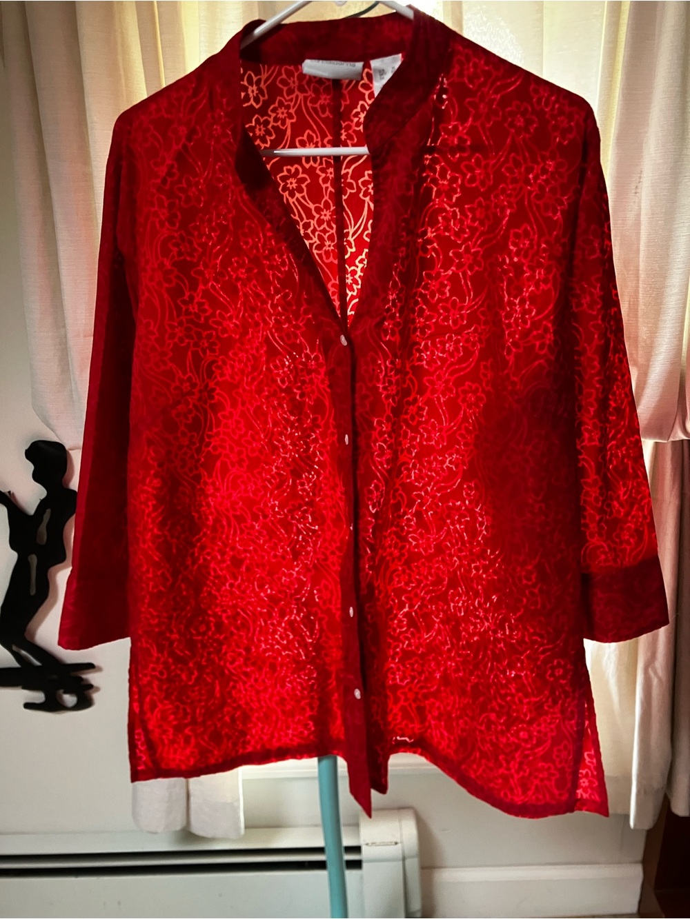 Liz Claiborne Red Sheer Floral Button-Down Blouse
